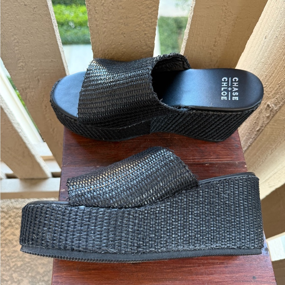 Chase + Chloe Black Woven Platform Slide Sandals